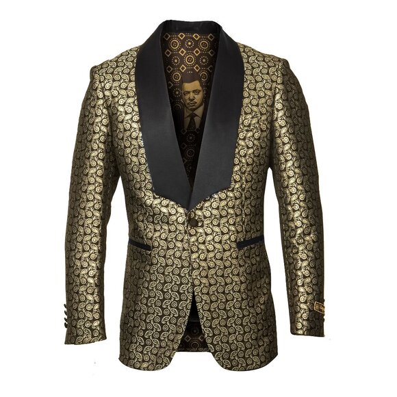 Empire™ Metallic Gold Paisley Shawl Lapel Hybrid Fit Blazer, Gold - Picture 2 of 5